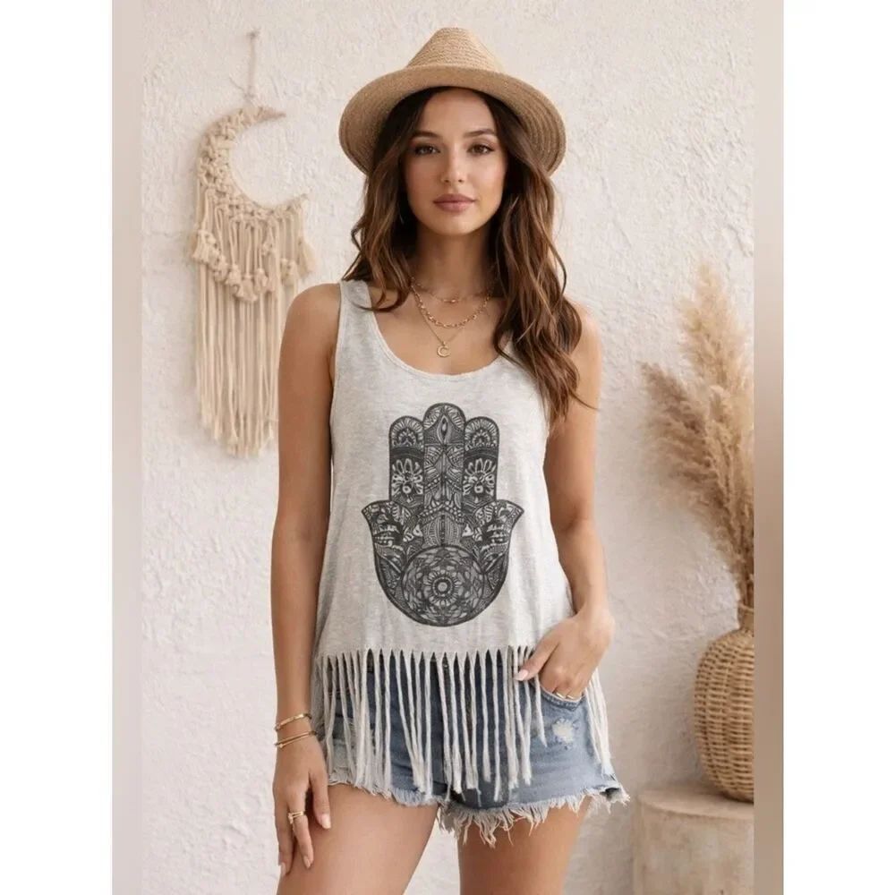 About A Girl Sleeveless Fringe Tank Top with Hamsa Hand Graphic - Light Gray